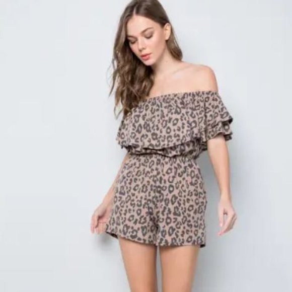 Sweet Lovely by Jen Pants - Off The Shoulder Leopard Romper
